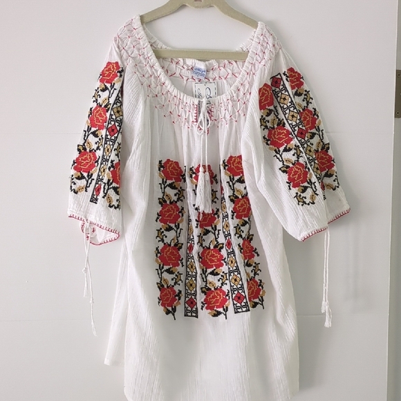 Embroidered Gauzy White Blouse with Red Floral Authentic Design Peasant Boho - Picture 1 of 7